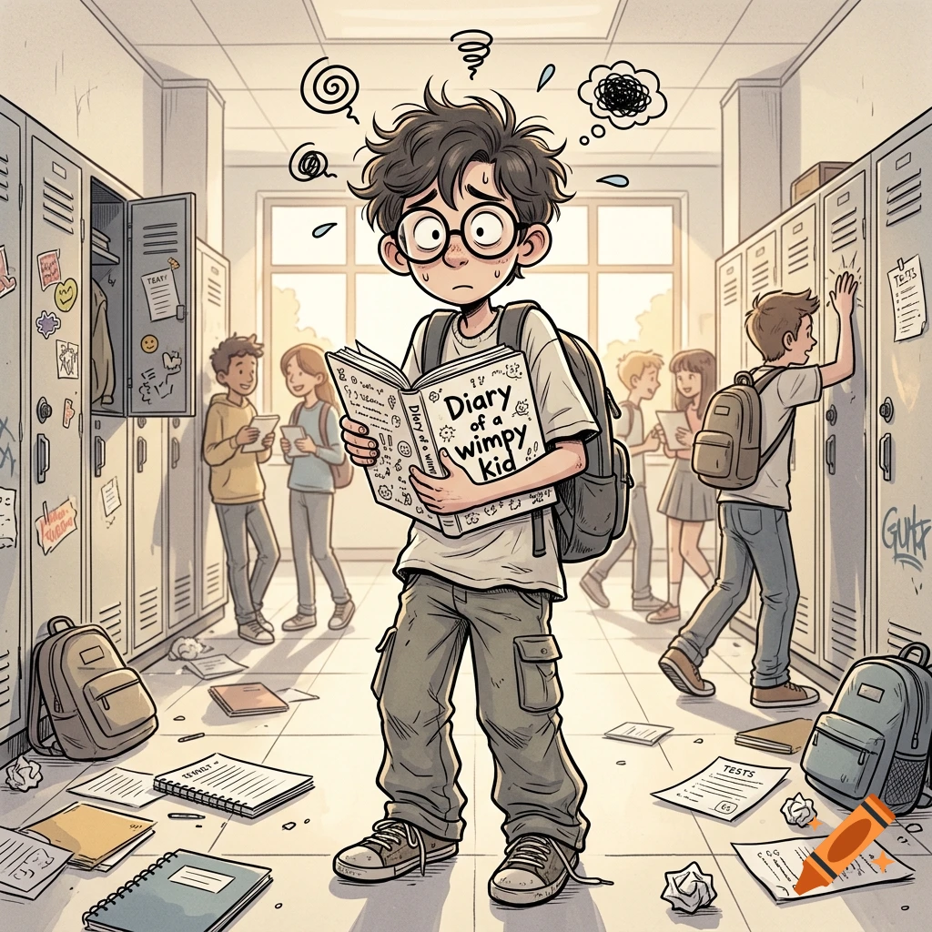 An illustration of a stressed schoolboy holding a book titled Diary of a Wimpy Kid in a busy hallway with lockers.