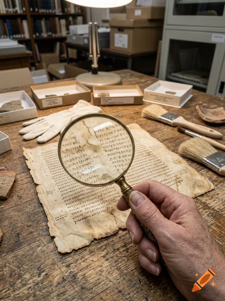 Close-up of a hand holding a magnifying glass over ancient manuscripts on a wooden table in a library setting.