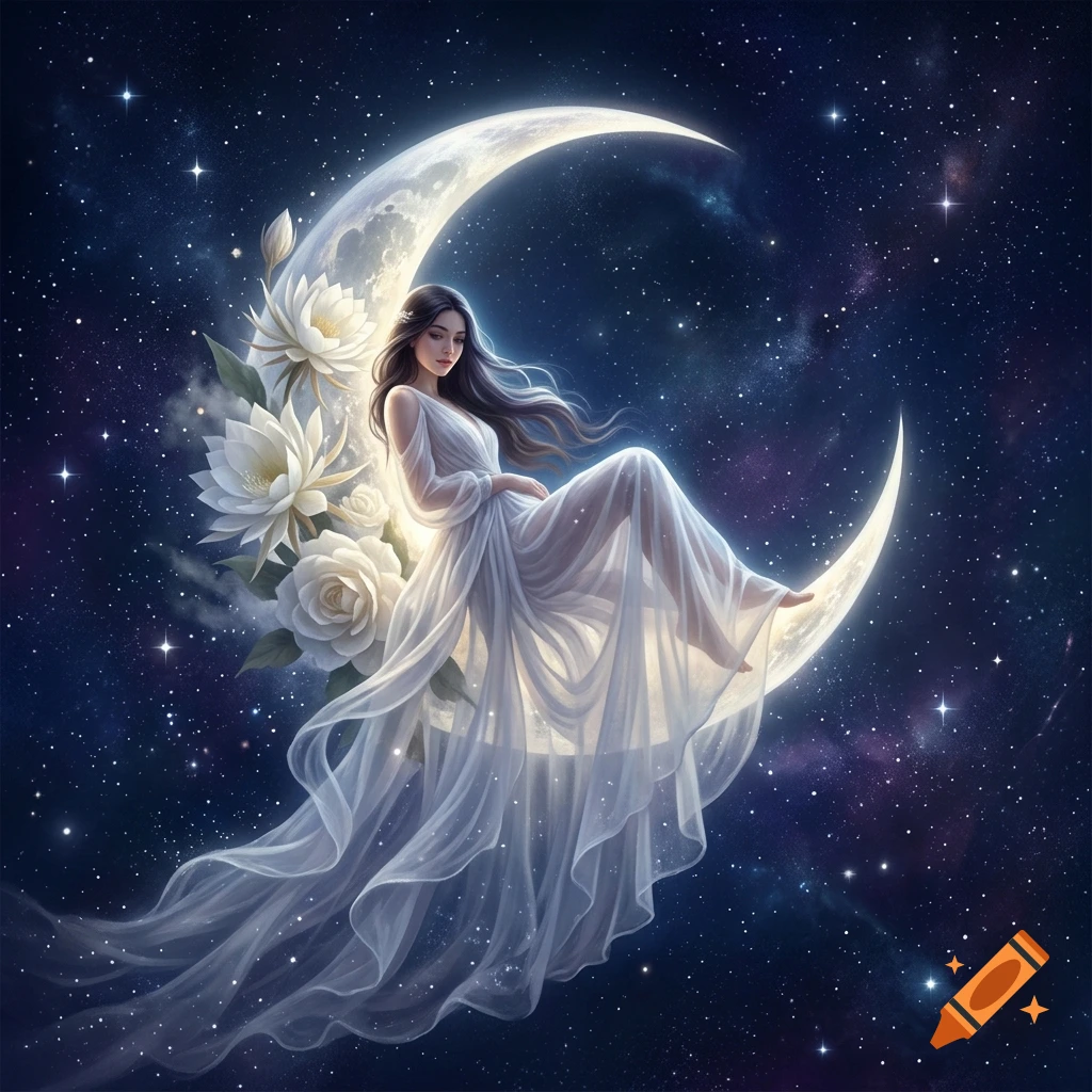 Digital art of a woman in a long white dress sitting on a crescent moon surrounded by white flowers against a starry night sky.