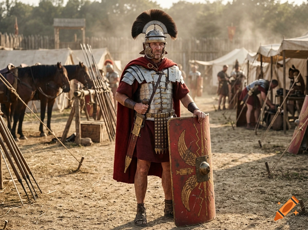 Photorealistic image of a Roman centurion in armor holding a red shield in a military camp.