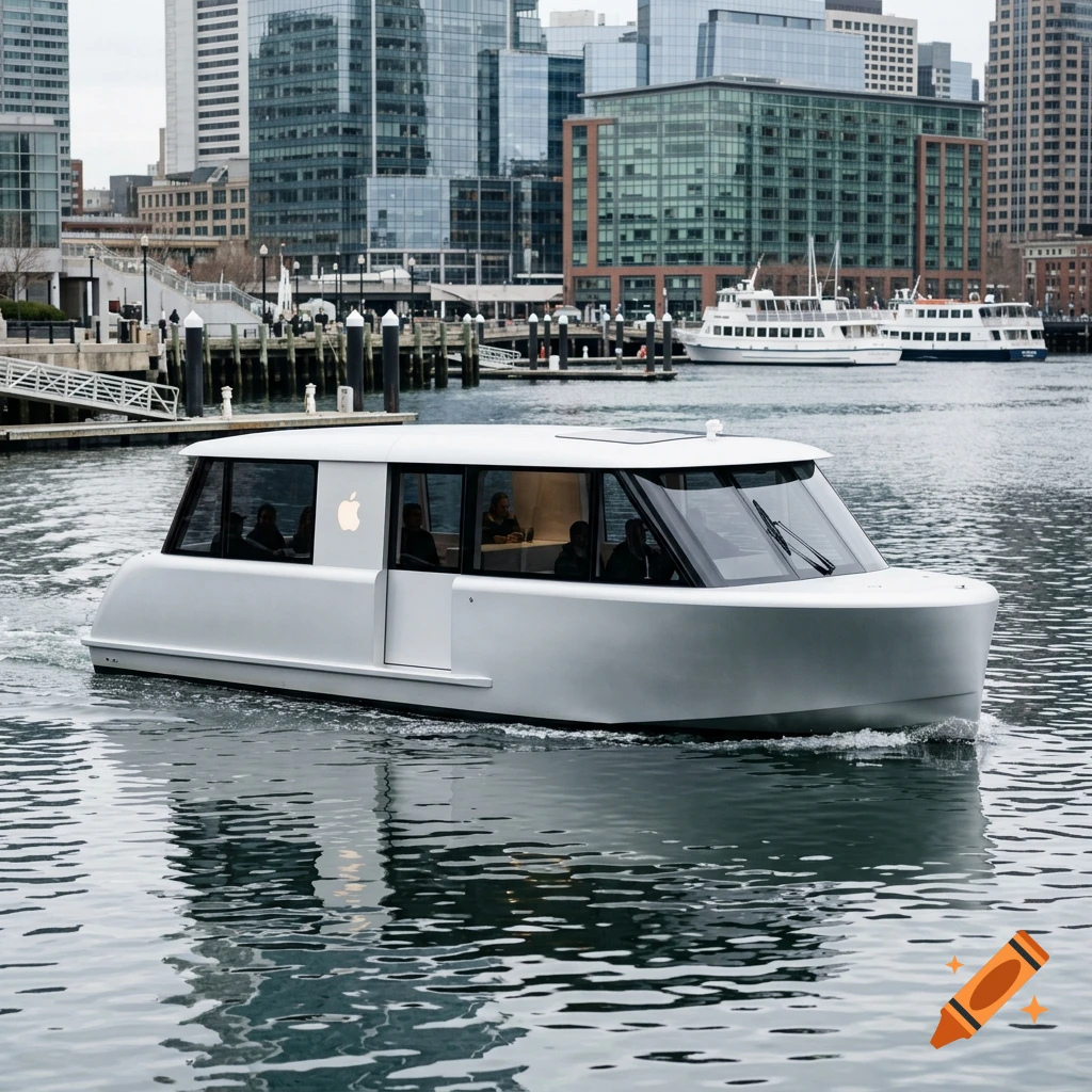 A sleek, modern white water taxi featuring the Apple logo on its side, navigating a harbor with a city skyline in the background, photorealistic.