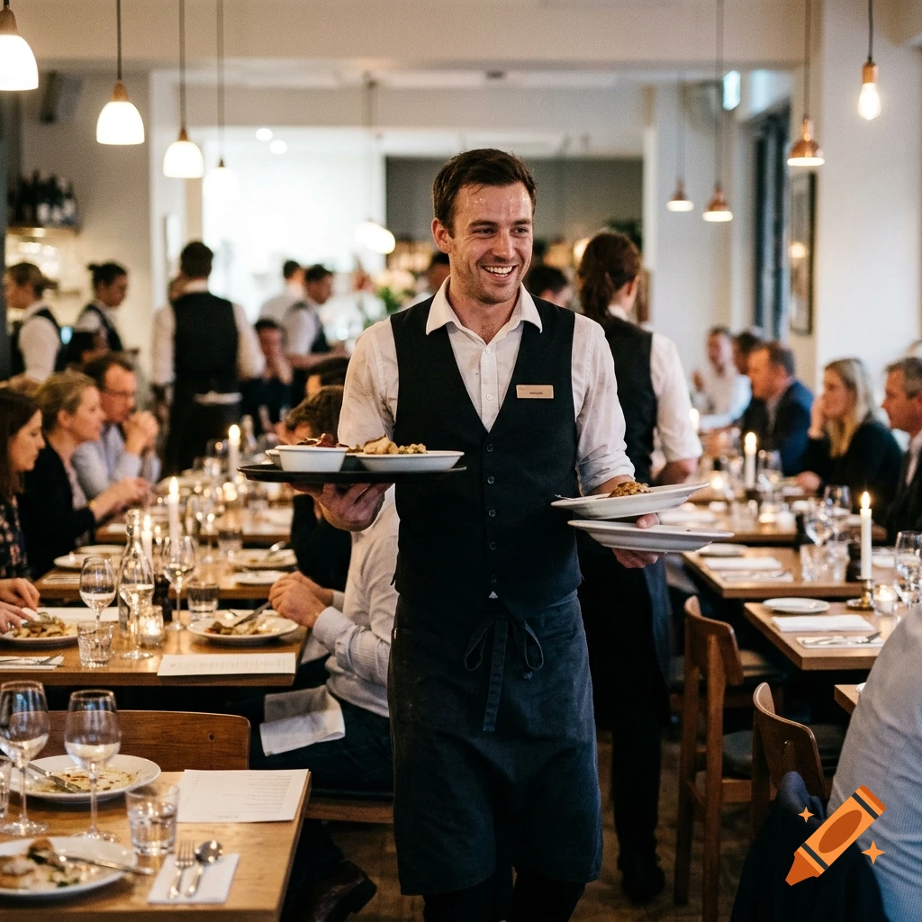 Photorealistic image of a smiling waiter carrying plates of food in a busy restaurant.