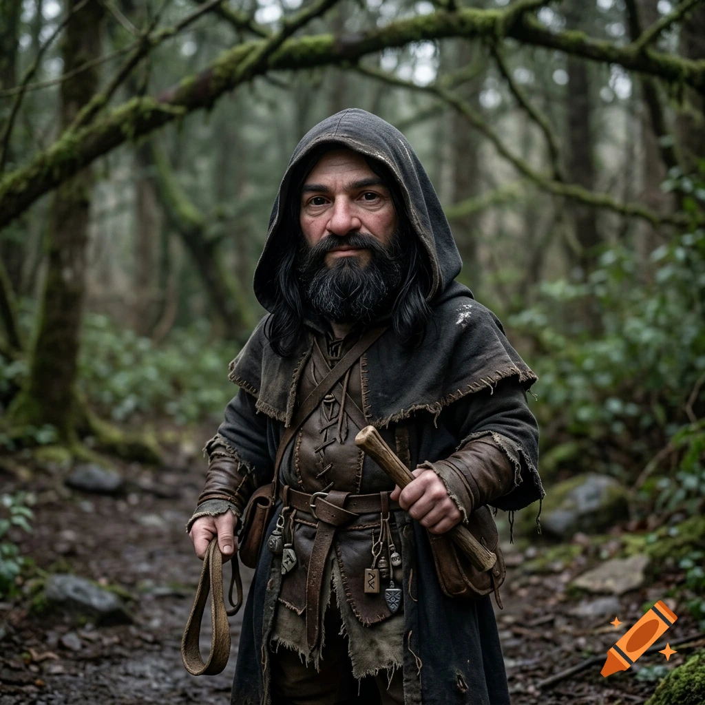 Photorealistic portrait of a hooded male gnome with a black beard in a forest, holding a sling and small tools.