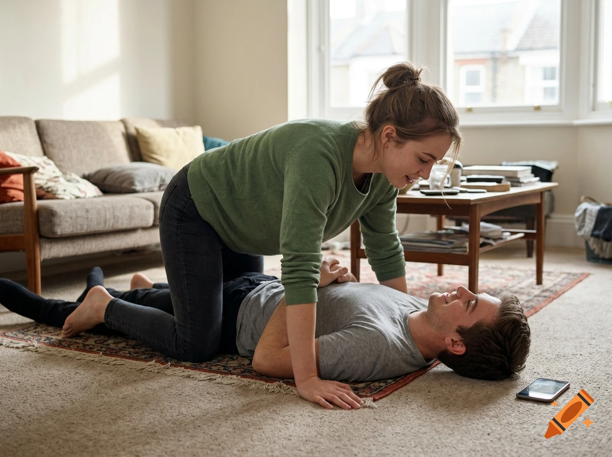 Photorealistic scene of a young woman crawling over a man lying on a living room rug, both smiling.
