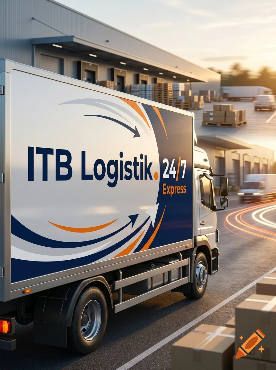 Photorealistic delivery truck with ITB Logistik 24/7 Express branding parked at a warehouse loading dock.