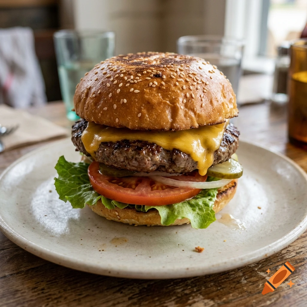 A close-up shot of a cheeseburger on a ceramic plate, featuring a sesame seed bun, melted cheese, a meat patty, tomato, lettuce, pickles, and onion.
