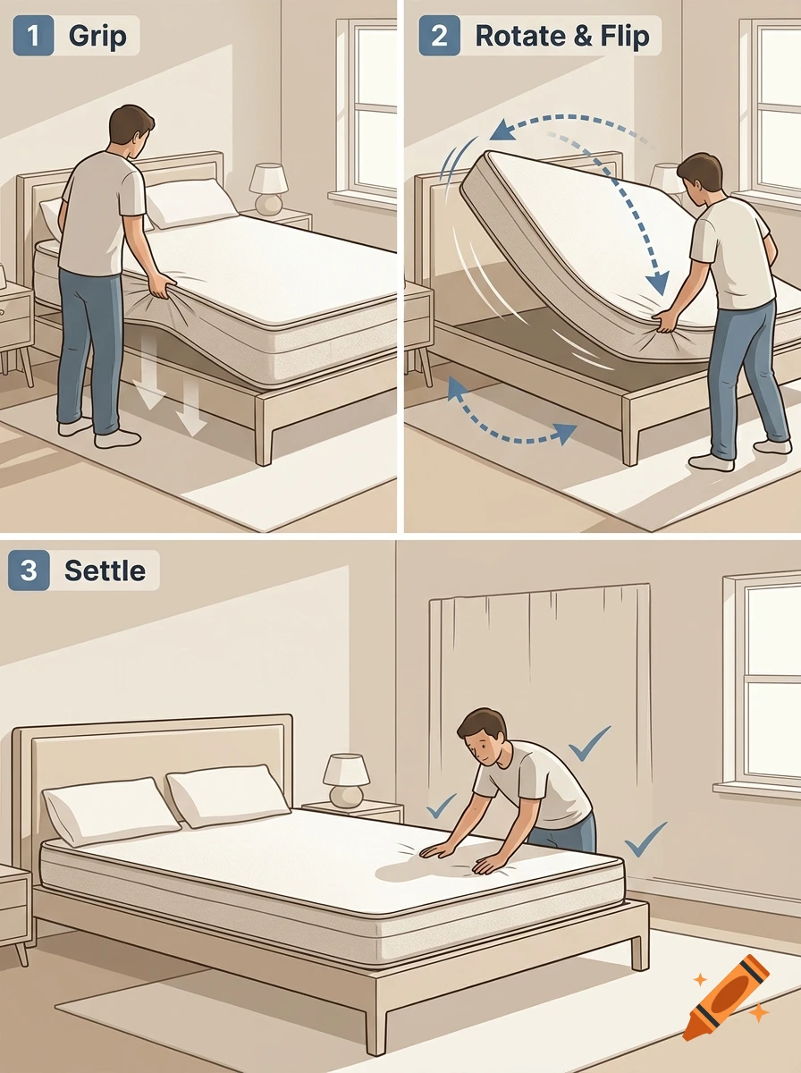 Three-panel illustration showing a man demonstrating how to grip, rotate, flip, and settle a mattress on a bed in a bedroom.