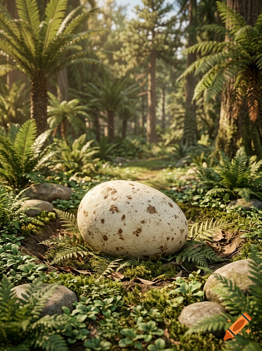A large speckled dinosaur egg resting on moss and ferns in a sunlit prehistoric jungle.