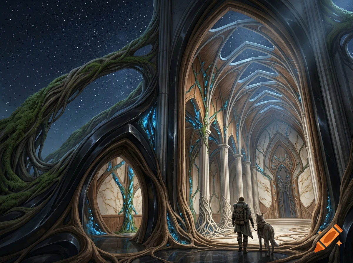A traveler and wolf walk through a grand entrance of glowing wood and obsidian into a vaulted hall, digital art.