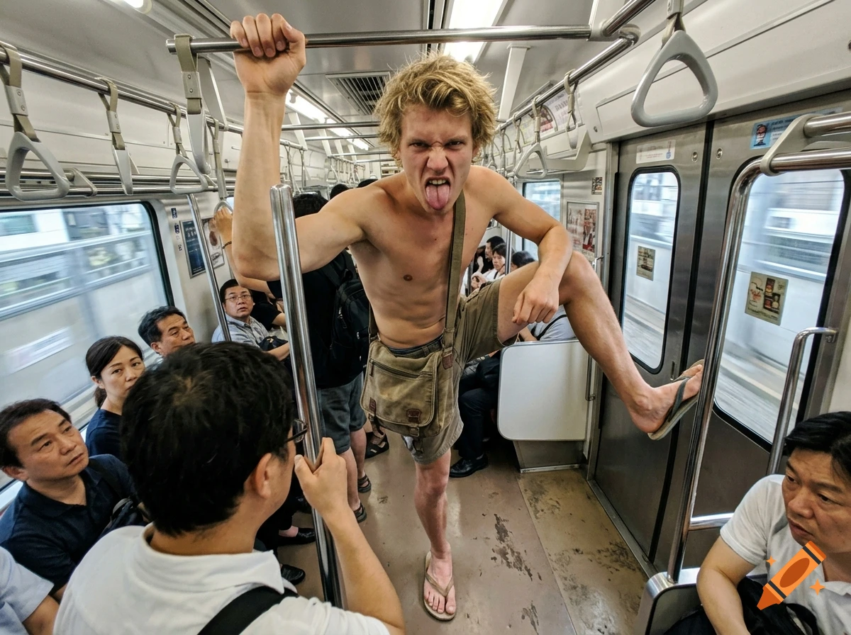 Photorealistic pov shot of a shirtless blonde man sticking his tongue out while standing on a crowded train.