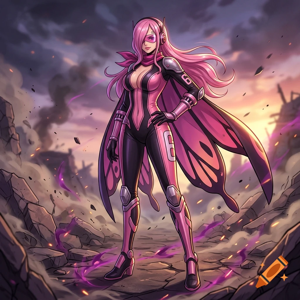 Anime style illustration of Reiju from One Piece with pink hair and butterfly wings standing in a ruined landscape.