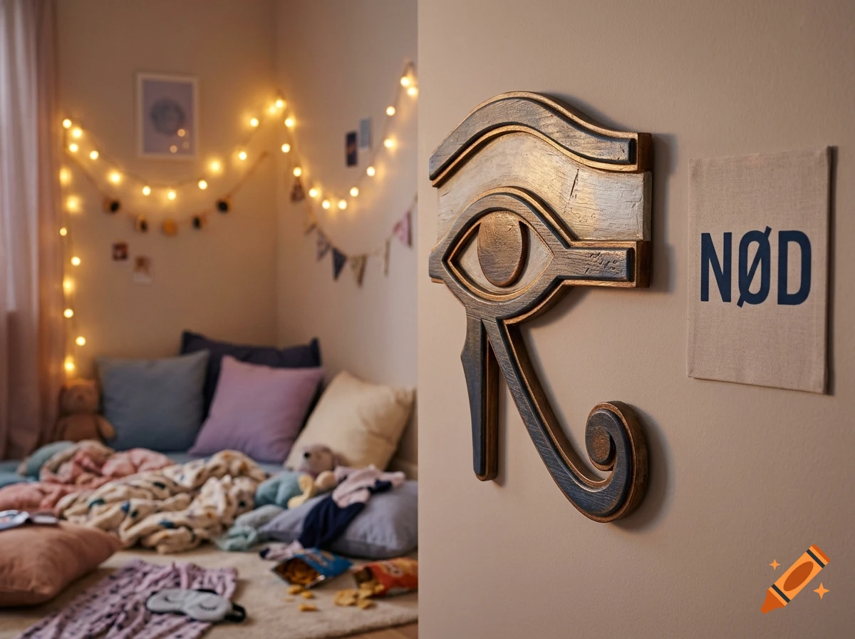 Close-up of a wooden Eye of Horus wall decoration next to a banner with text 'NØD' in a cozy bedroom with fairy lights.