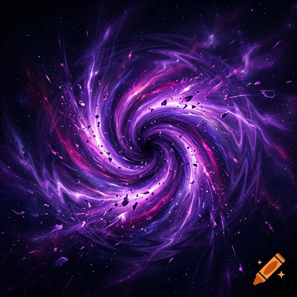 Swirling purple and magenta cosmic vortex with floating debris and distant stars in space
