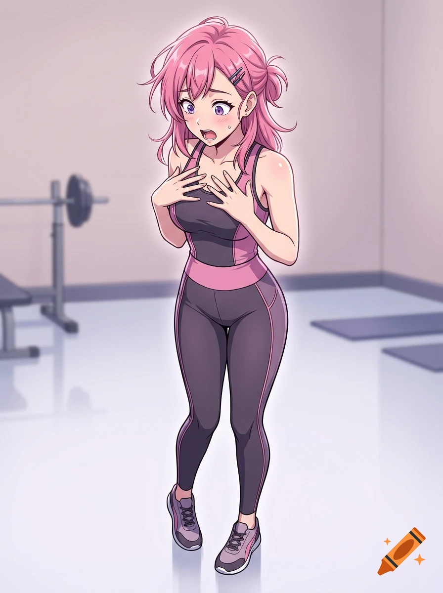 Anime illustration of a surprised girl with pink hair and purple eyes in a gym setting wearing a sports top and leggings.
