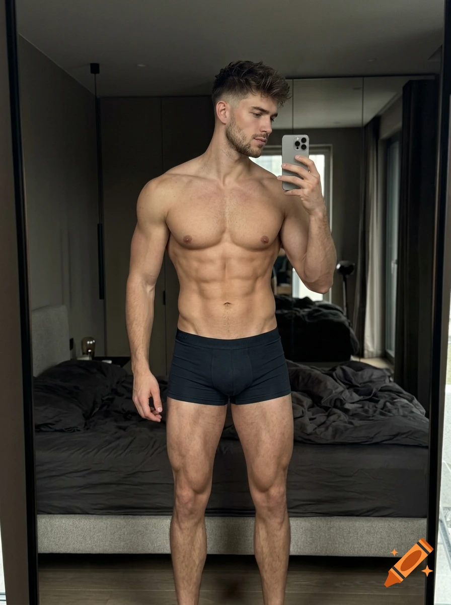 Photorealistic mirror selfie of an athletic shirtless man in black boxer briefs inside a modern minimalist bedroom.