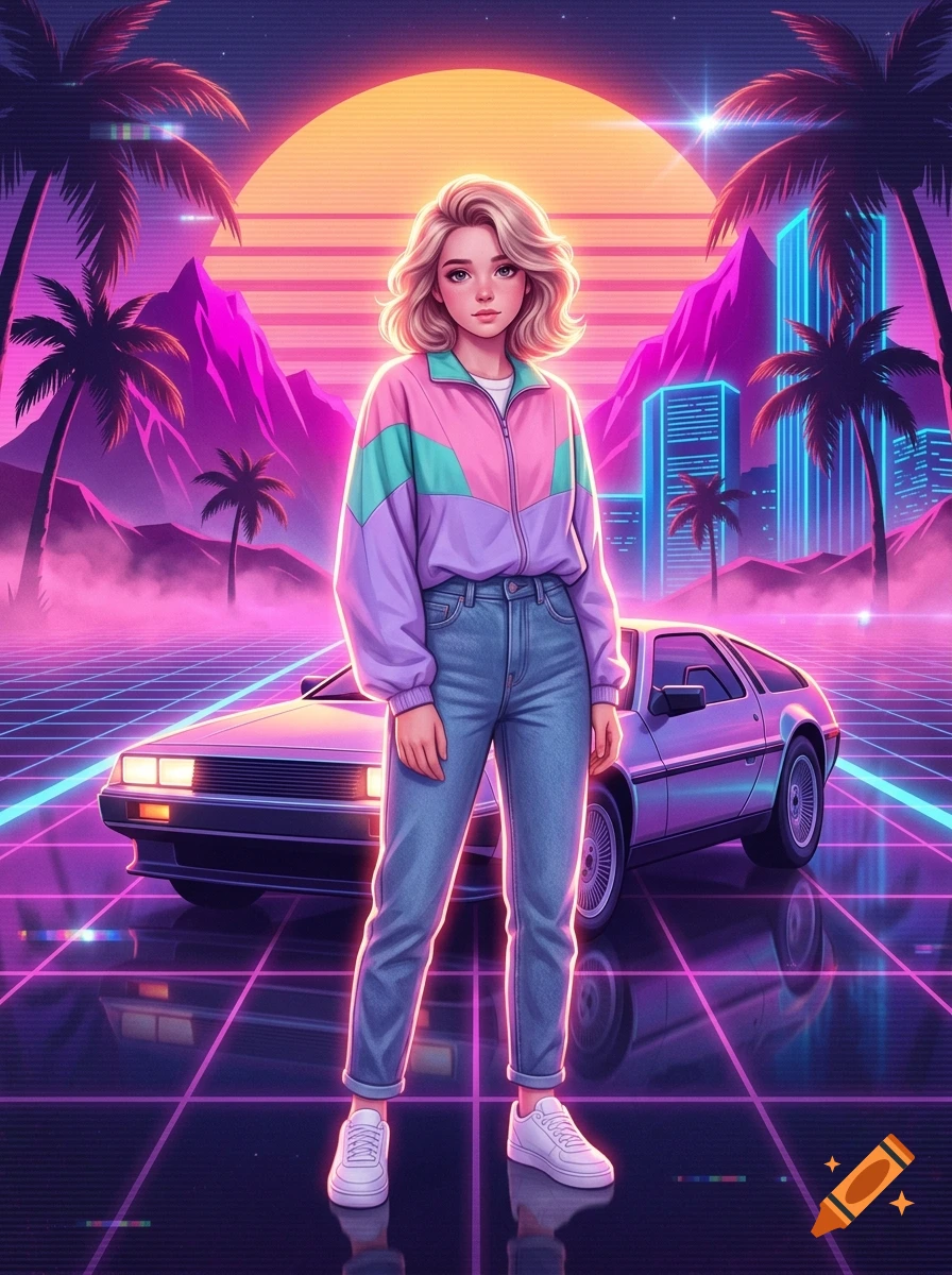 A digital art piece depicting a 1980s synthwave blonde teenage girl standing in front of a futuristic sports car, neon grid, and palm trees.