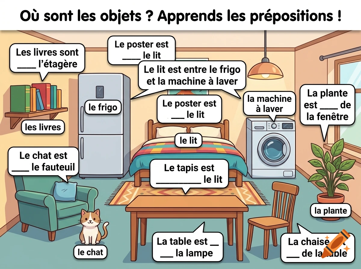 An educational illustration of a room with furniture, a cat, and speech bubbles with French sentences containing fill-in-the-blank prepositions.