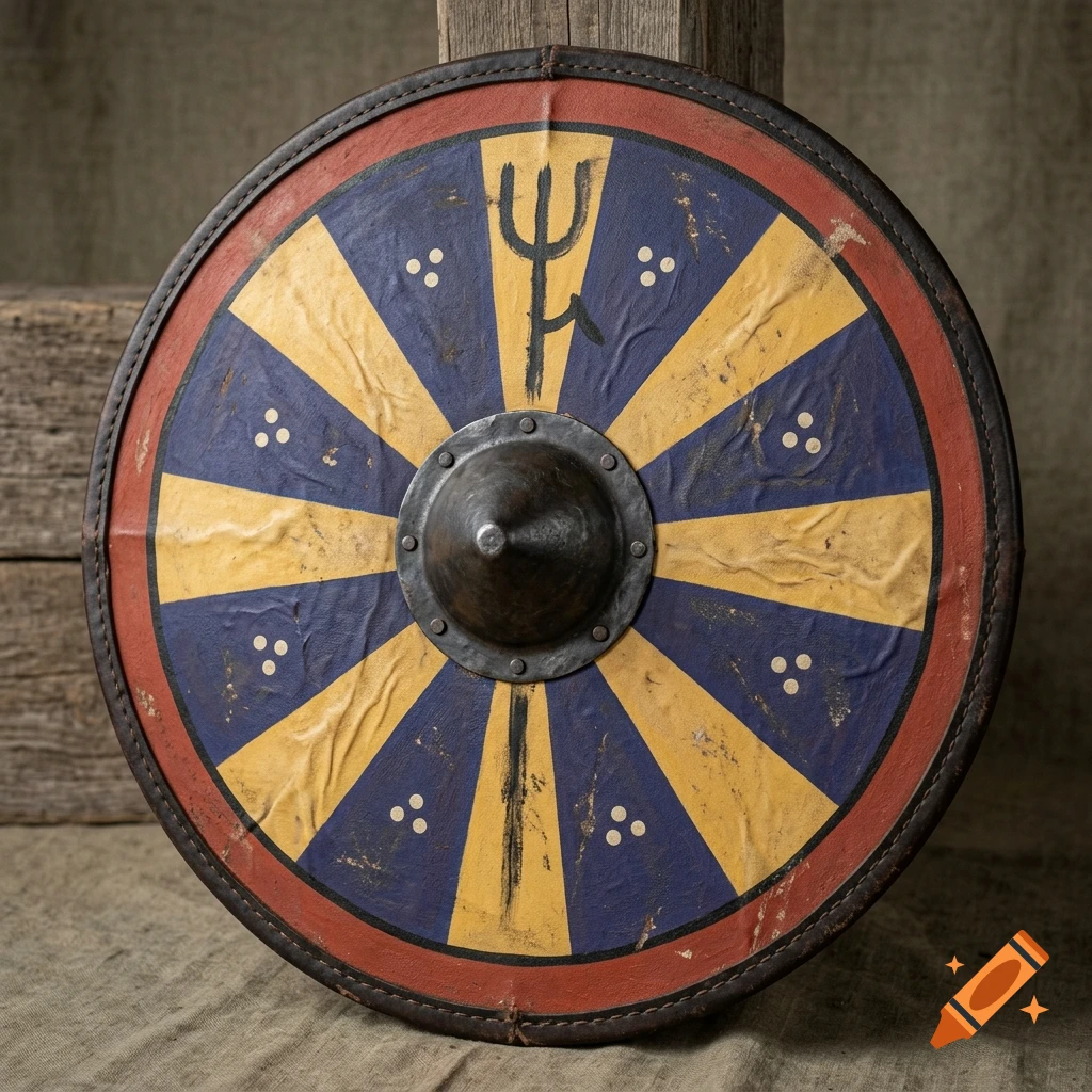 A round wooden shield with a metal boss in the center, featuring a pattern of blue and yellow rays, a red outer border, and a symbol painted above the center.