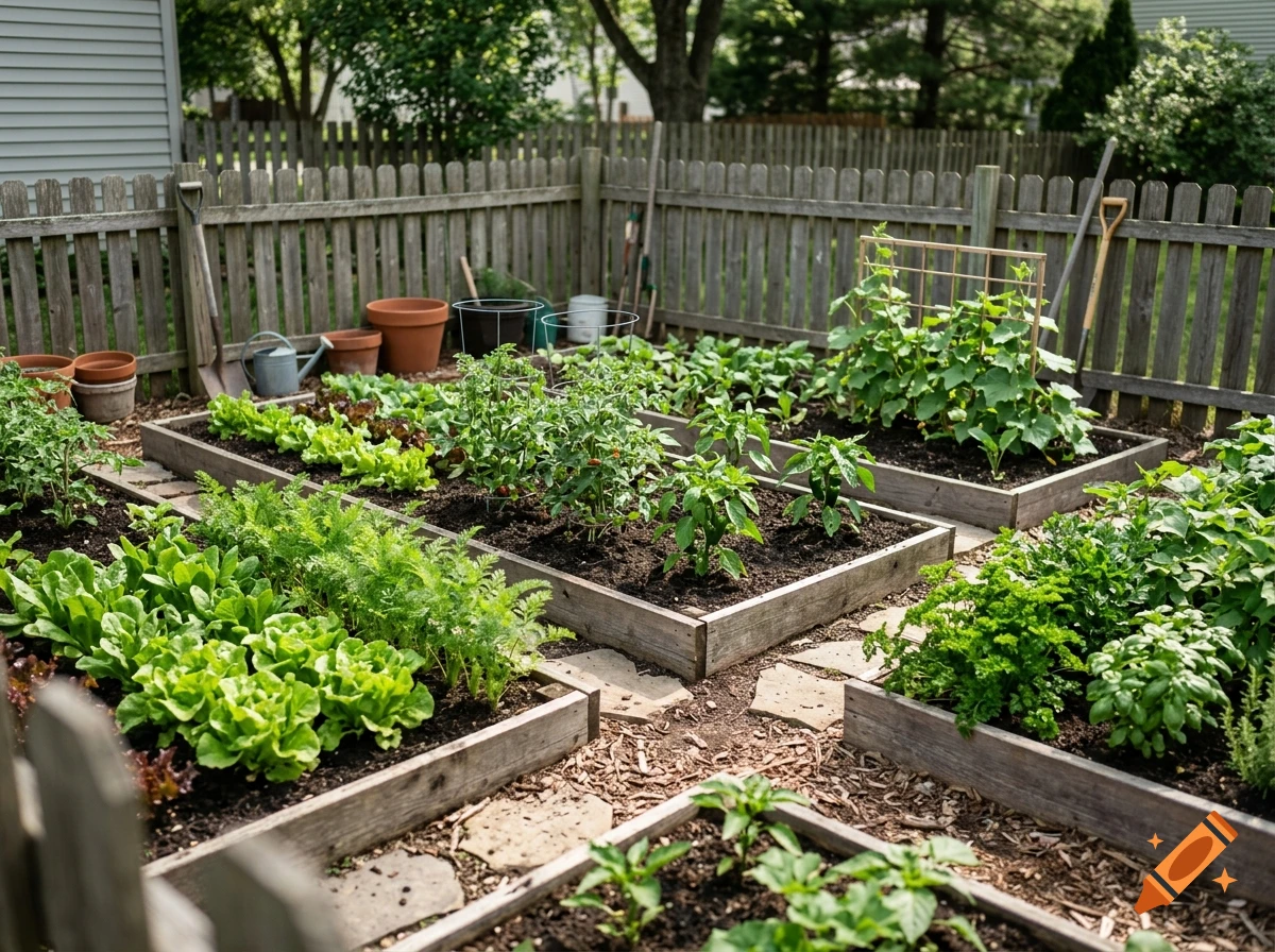 Photorealistic backyard vegetable garden with raised wooden beds, leafy greens, tomatoes, and a wooden fence in the background.