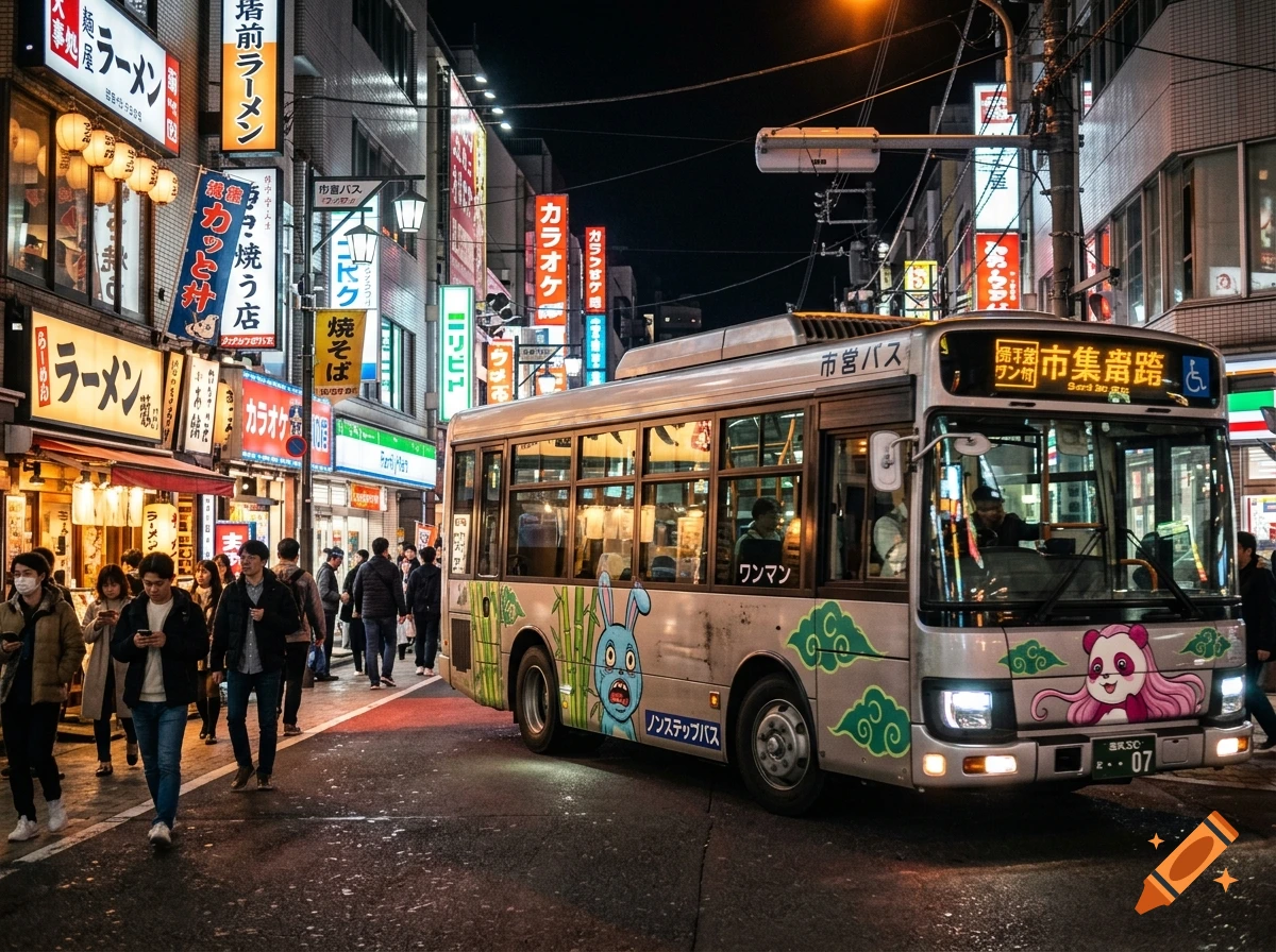 A bustling Japanese street at night with glowing neon signs and a bus driving past pedestrians.