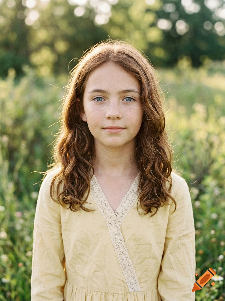 Photorealistic portrait of a young girl with wavy auburn hair and freckles, wearing a yellow dress in a meadow.