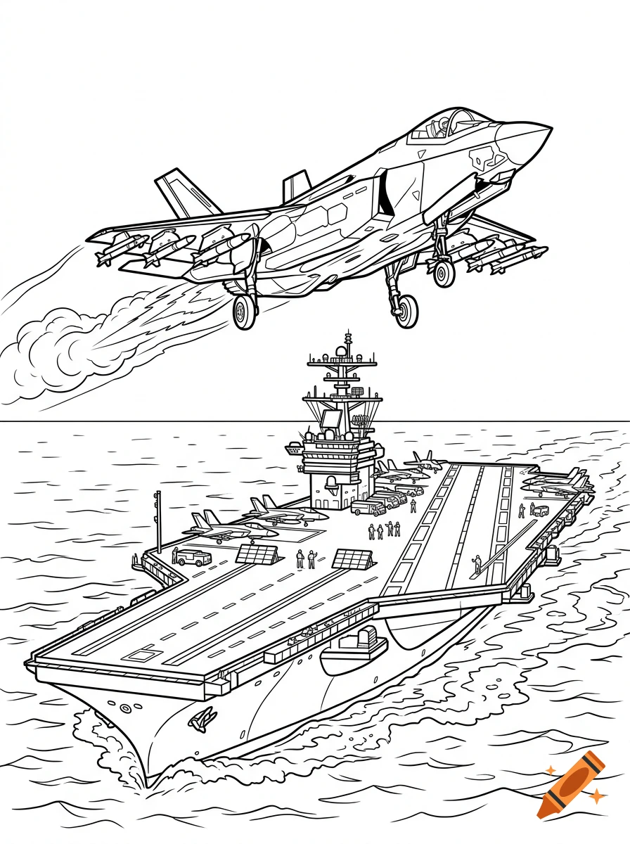 Black and white coloring page of an F-35 jet taking off from an aircraft carrier at sea.
