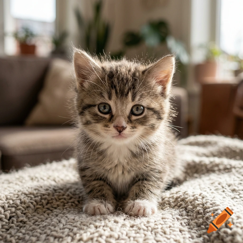 Close-up photorealistic portrait of a fluffy tabby kitten sitting on a knitted blanket.