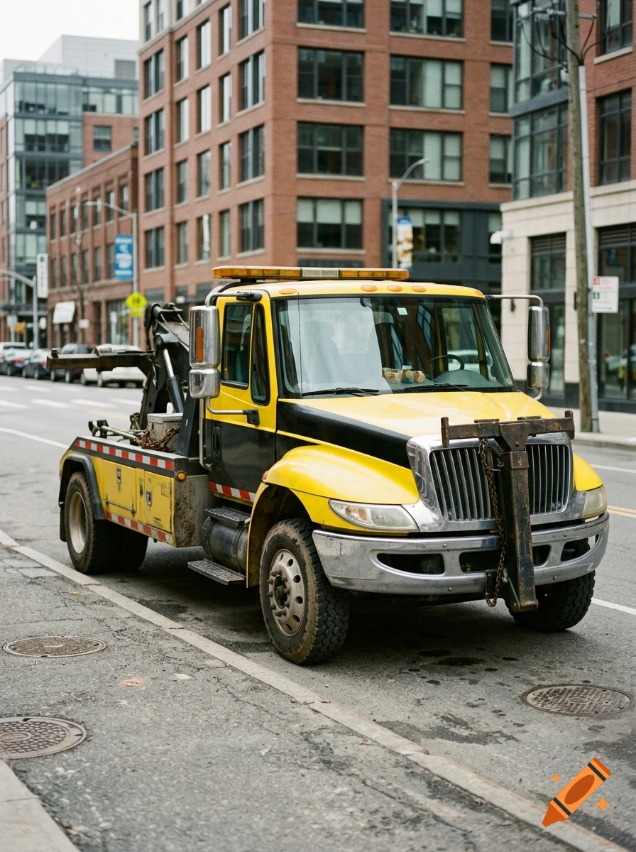 A yellow and black tow truck parked on a city street in front of brick buildings.