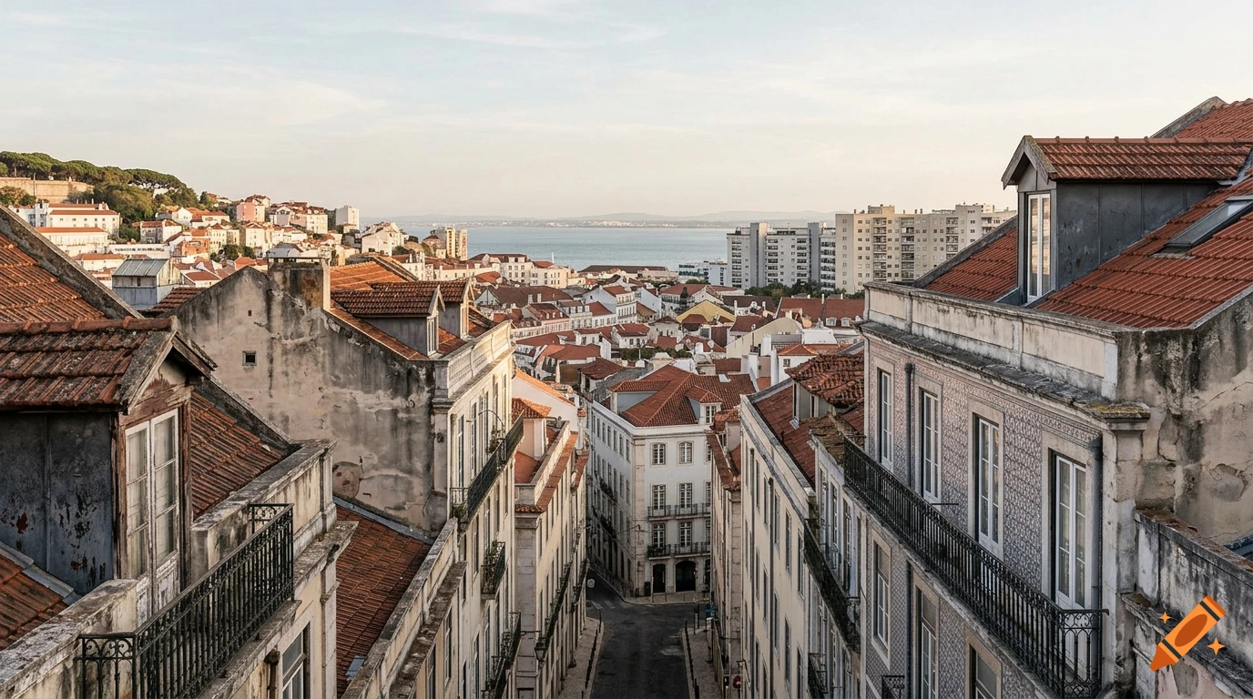 High-angle panoramic view of a sloping street in Lisbon with traditional buildings and terracotta tile roofs leading to a distant body of water.