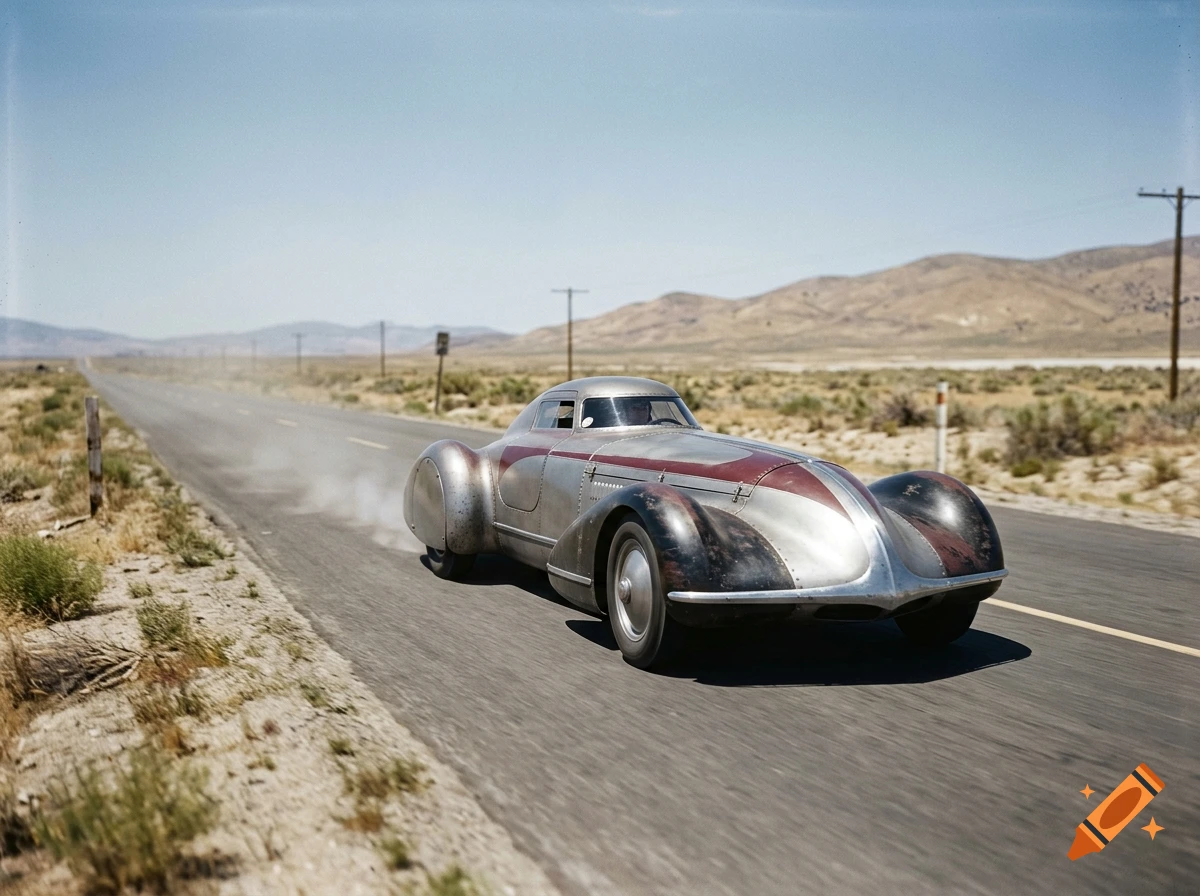 A vintage aerodynamic streamliner race car driving fast on a desert highway.