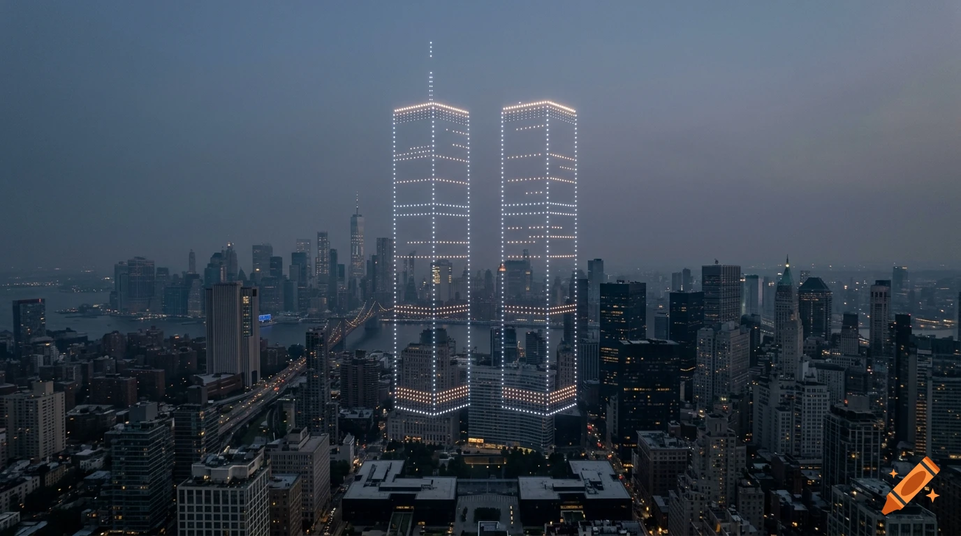 Photorealistic night cityscape of New York City with the World Trade Center towers outlined in glowing lights.