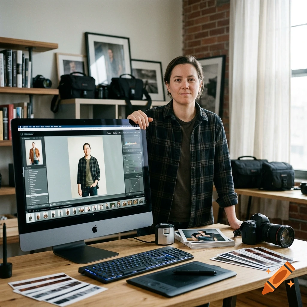 Photorealistic image of a person standing next to a computer setup with editing software open, surrounded by camera gear and photo prints.