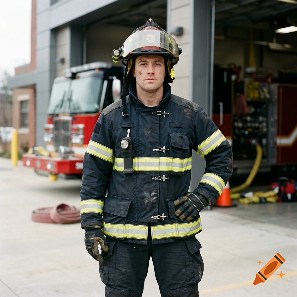 Photorealistic medium shot of a male firefighter in uniform and helmet standing in front of a fire station with a fire truck.