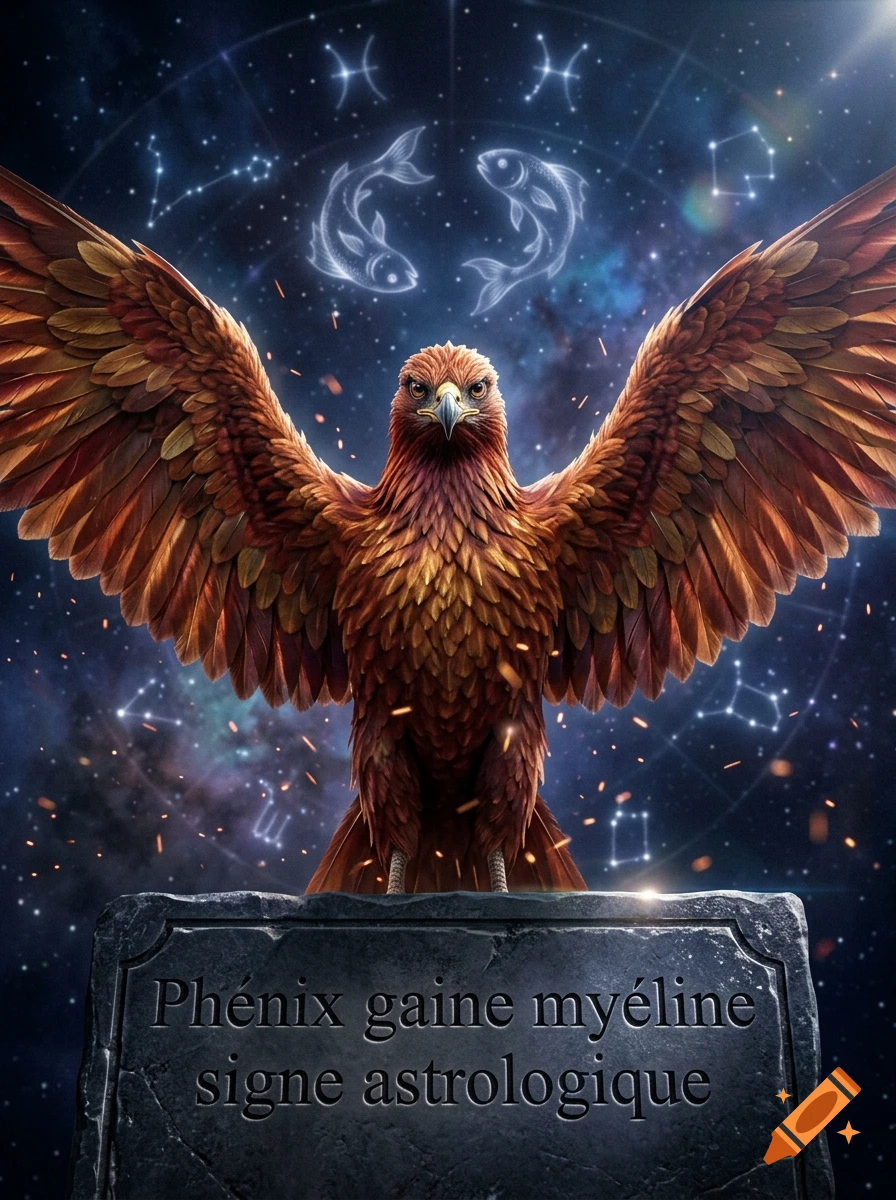 A majestic phoenix with spread wings perched atop a stone tablet inscribed with French text against a starry celestial background.