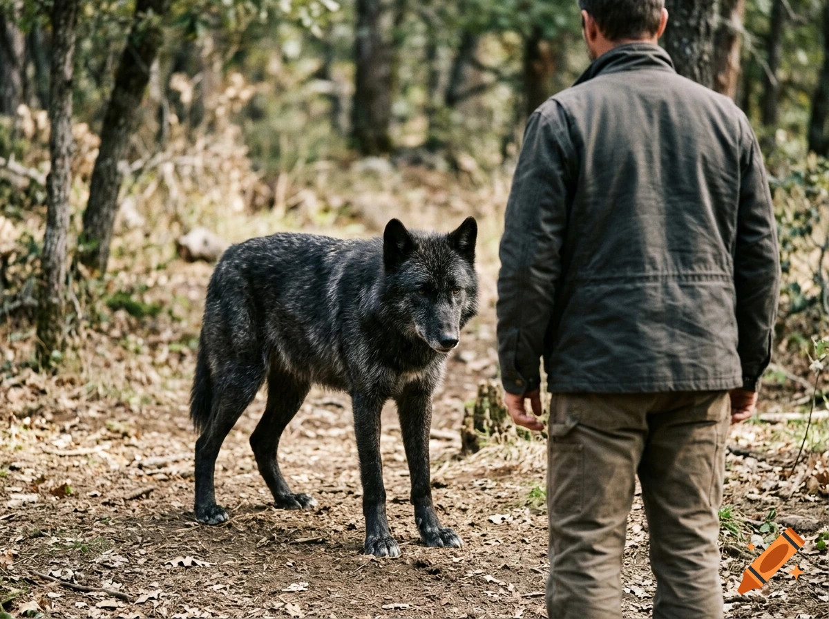 A photorealistic shot of a large black wolf standing in a forest trail, facing a man seen from behind.