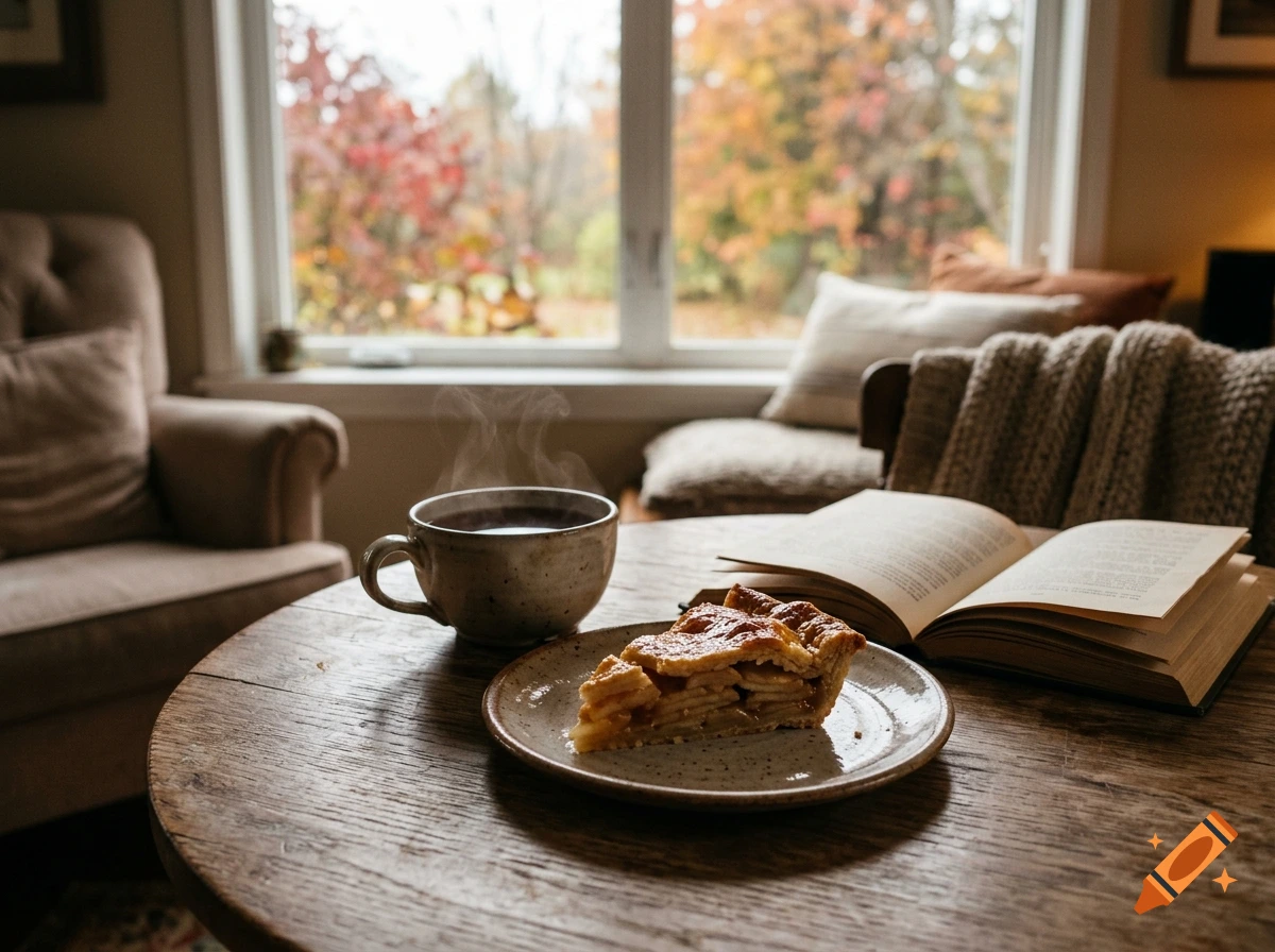 Photorealistic cozy living room scene with a cup of steaming tea, a slice of apple pie on a plate, and an open book on a wooden table.