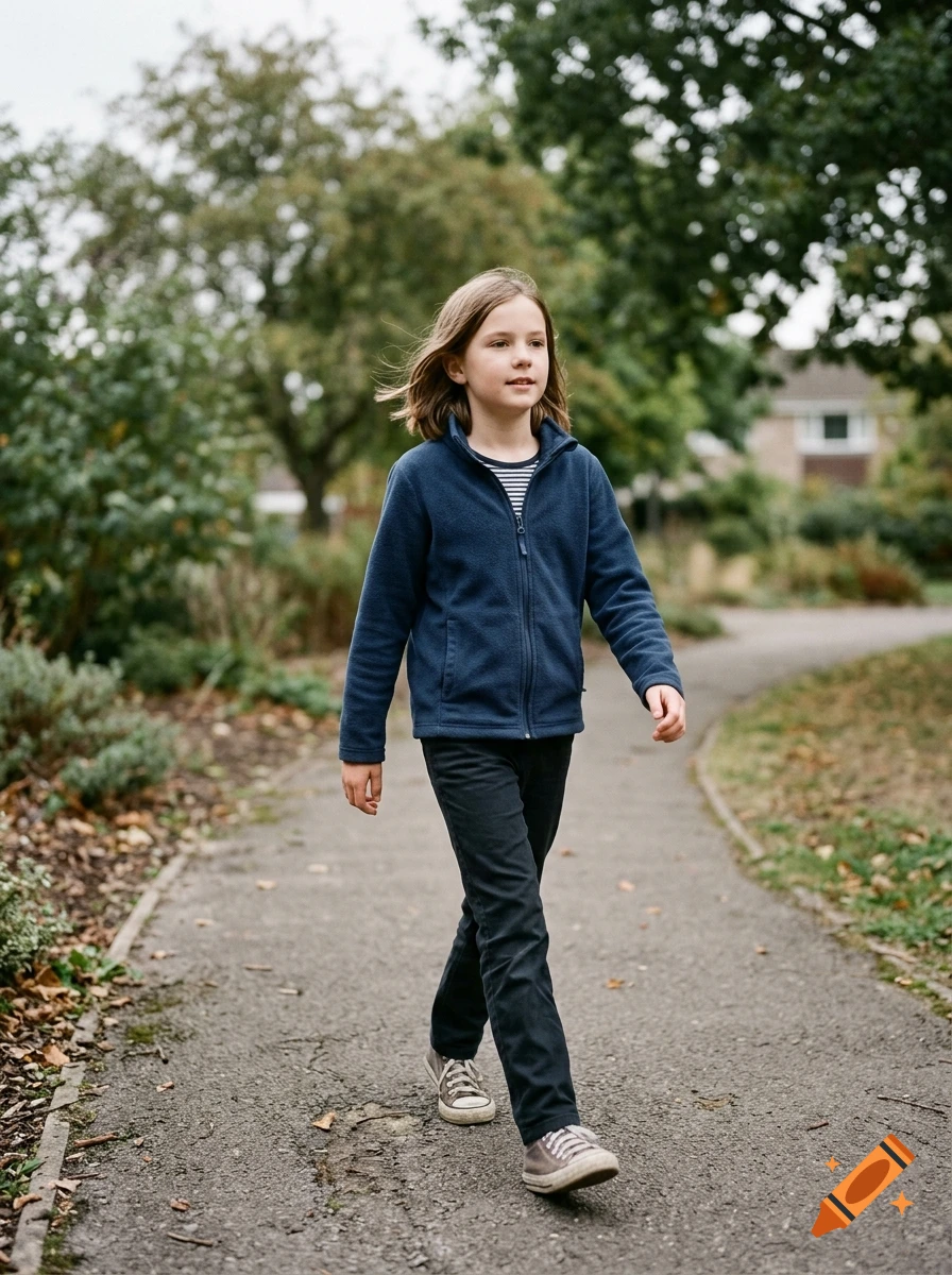Photorealistic image of an 11-year-old girl with long hair walking along a paved path in a park with trees.
