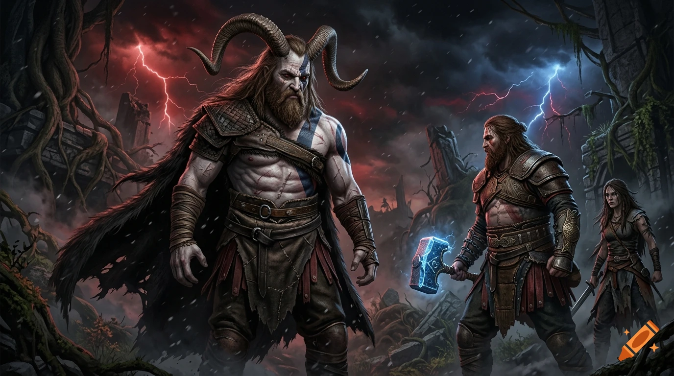 Fantasy digital illustration of a horned warrior with a scarred face, standing near Thor with Mjolnir and Freya in a dark apocalyptic realm.