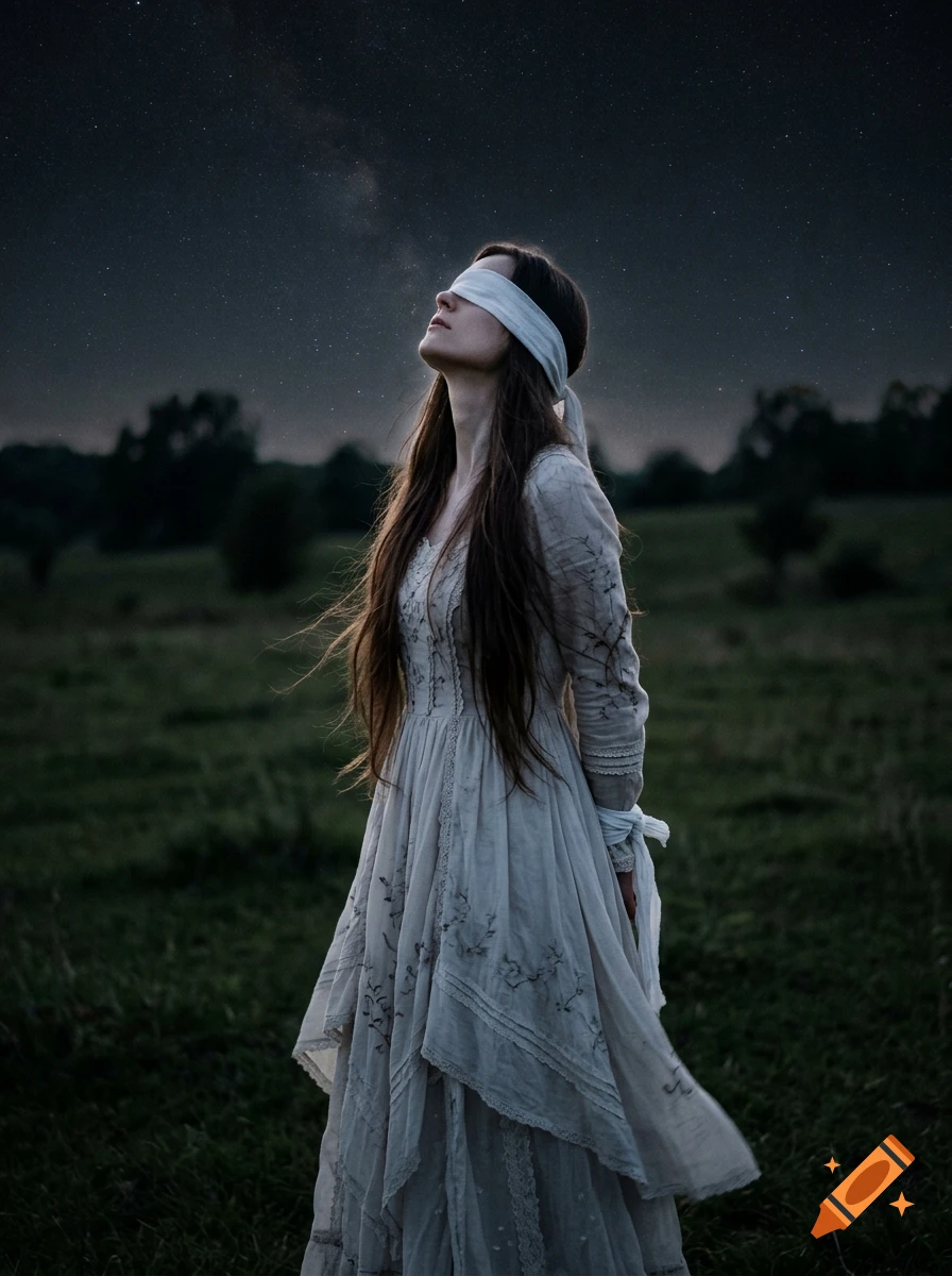 Photorealistic portrait of a blindfolded woman with long dark hair wearing a gothic dress in a field at night under a starry sky.