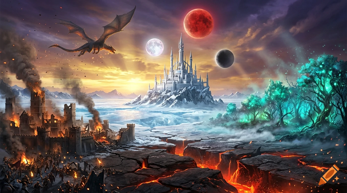 Epic fantasy landscape with a white citadel, three moons, a flying dragon, burning medieval city, and glowing forest.