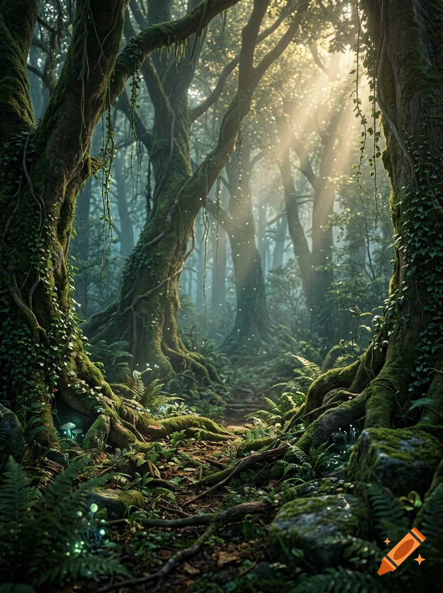Photorealistic magical forest with moss-covered trees, glowing mushrooms, and sunbeams filtering through the canopy.