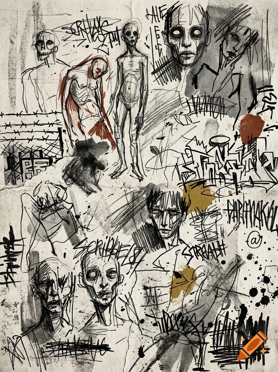 Grunge-style charcoal and ink sketches of human figures, faces, and abstract graffiti.