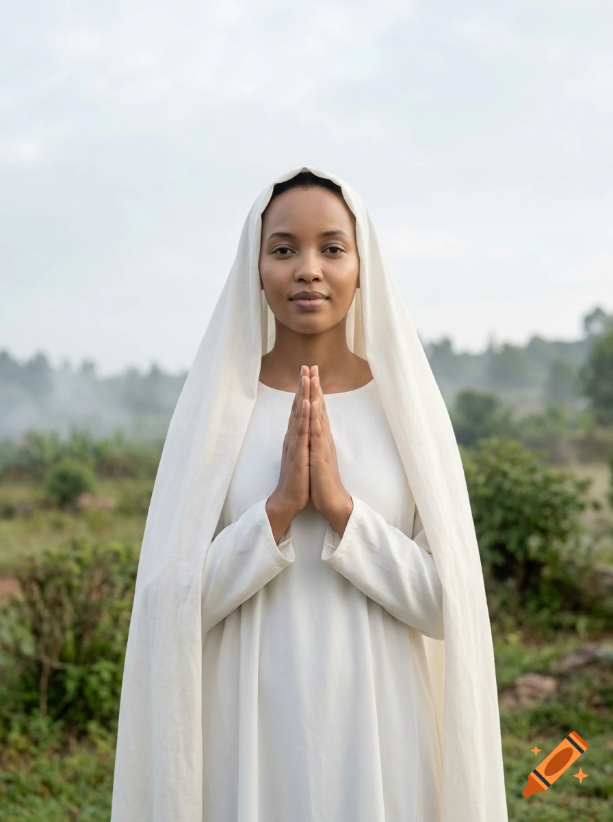 Photorealistic portrait of Our Lady of Kibeho wearing a white dress and veil with hands clasped in prayer outdoors.