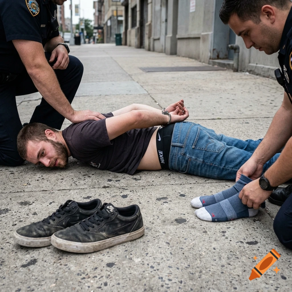 Photorealistic image of a skater being handcuffed by police officers on a sidewalk next to his shoes.