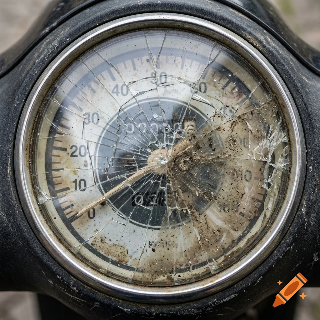 Close-up photograph of a heavily cracked and scratched motorcycle speedometer gauge.