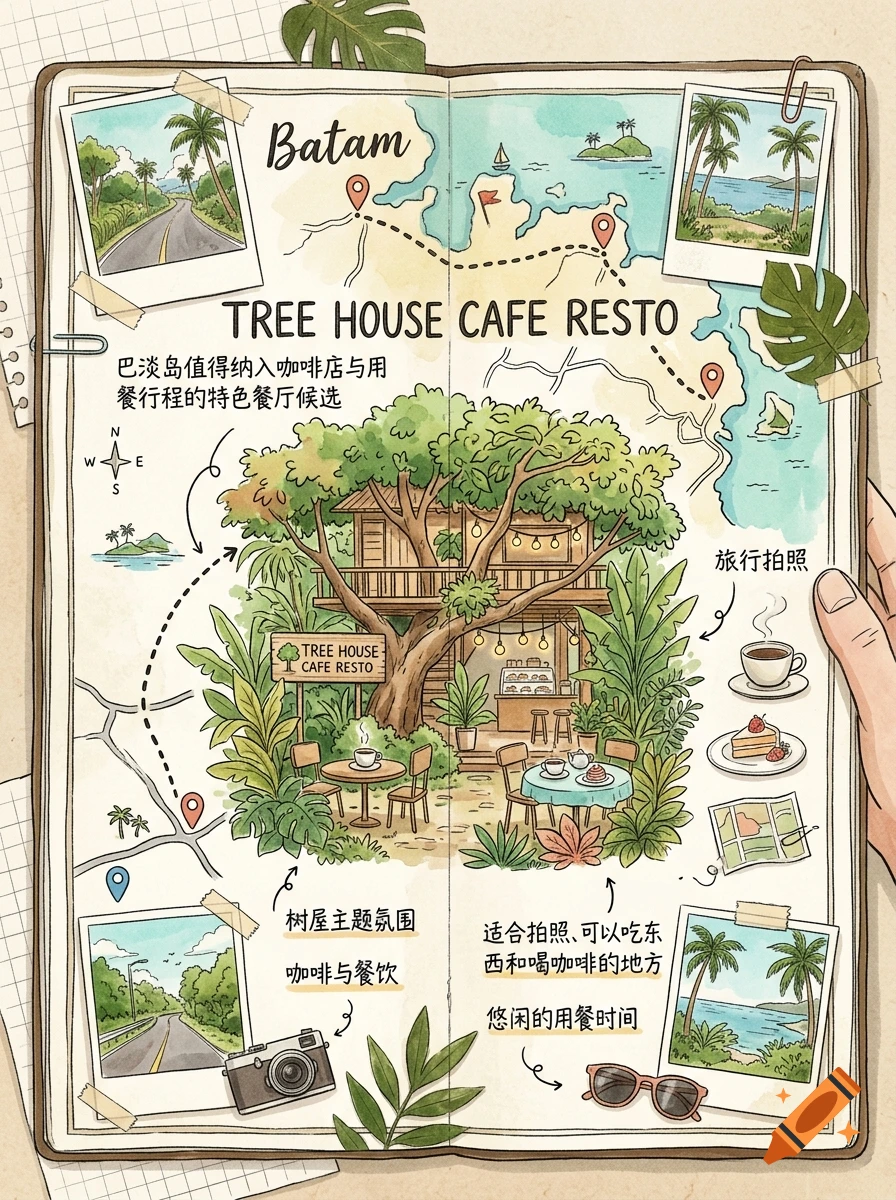 Watercolor travel journal style illustration of Batam Tree House Cafe Resto with maps, handwritten Chinese text, and polaroid photos.