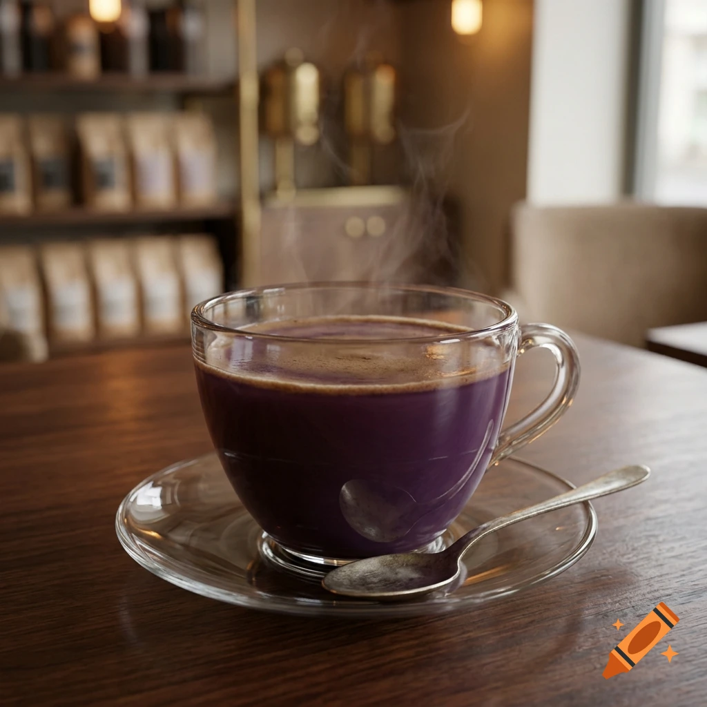 A clear glass cup of purple coffee on a glass saucer with a silver spoon, set on a wooden table in a cafe.