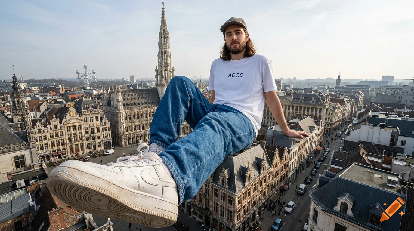 Photorealistic image of a giant man sitting casually on Brussels rooftops, featuring a large sneaker in the foreground.