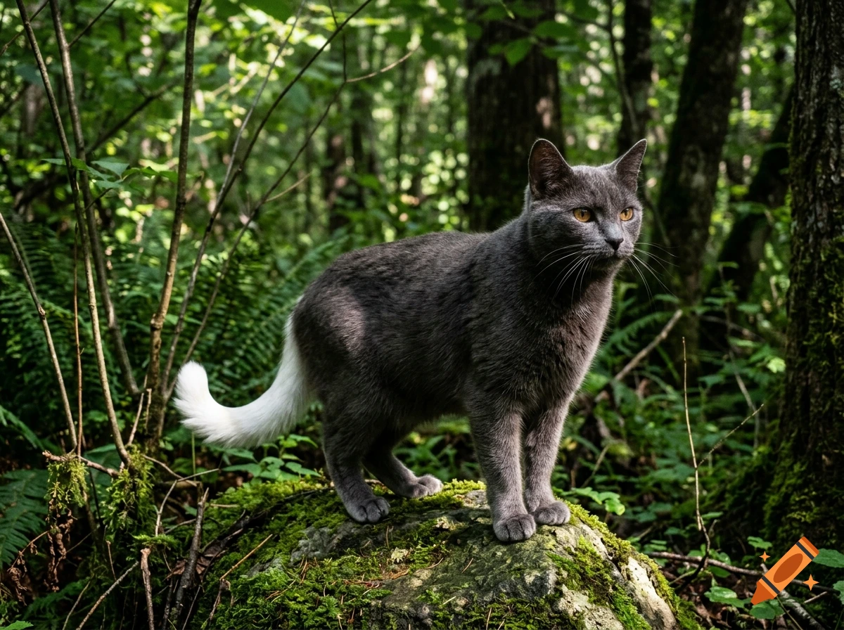 Photorealistic wildlife shot of a dark grey cat with a fluffy white tail standing on a mossy rock in a lush forest.
