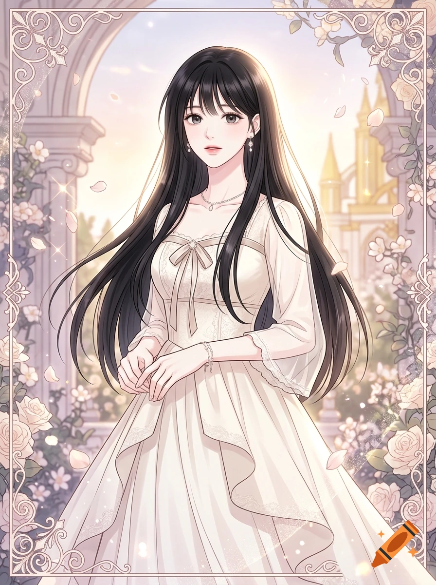 An anime-style illustration of a woman with long black hair wearing a white wedding dress, framed by roses and a romantic archway.
